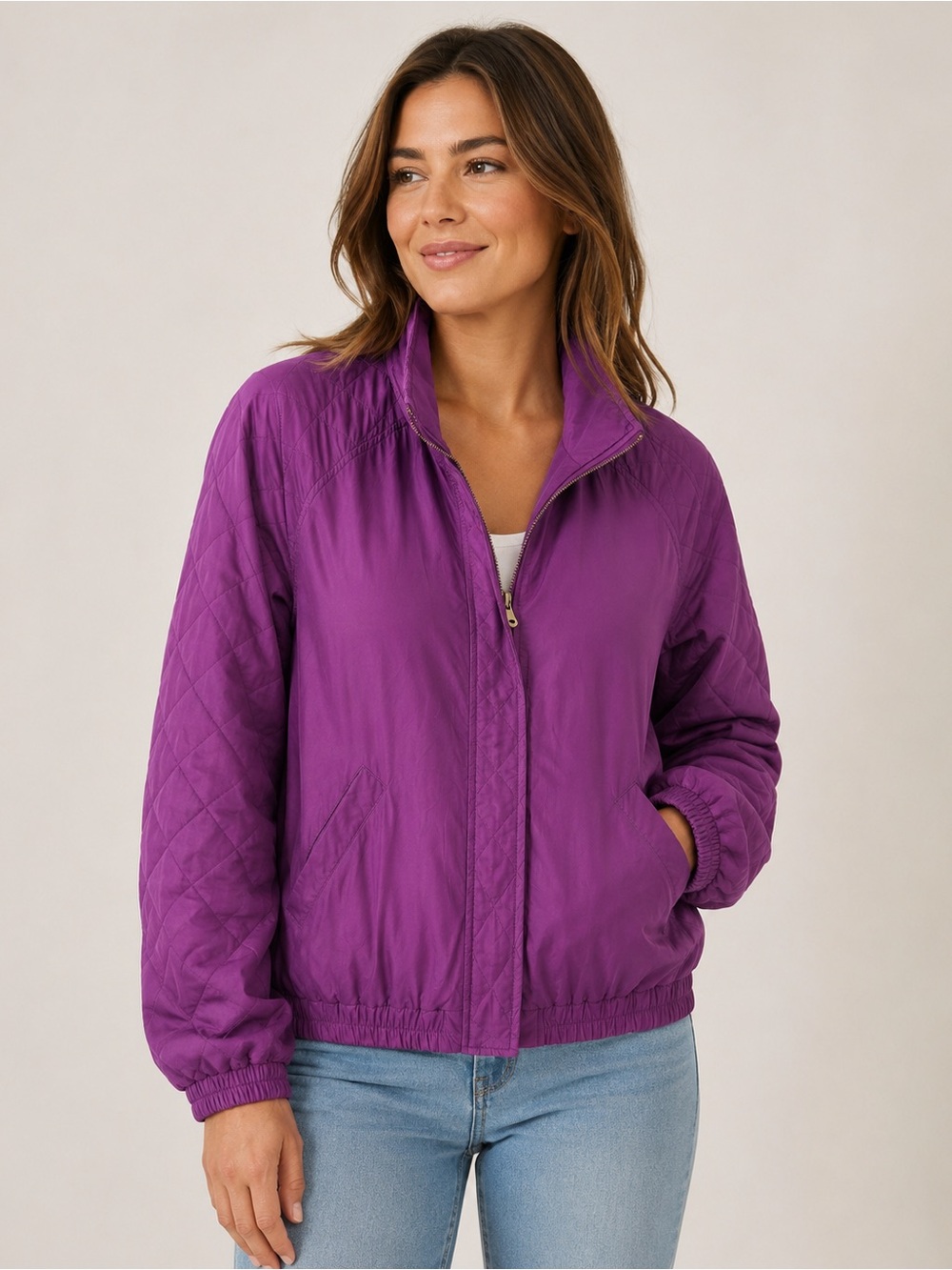 Milano Sport Purple 100% Silk Quilted Bomber Jacket Women’s XL